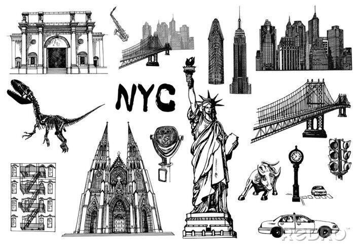 Behang Set of hand drawn sketch style New York themed isolated objects. Vector illustration.