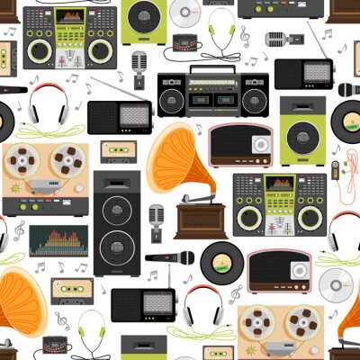 Behang Set of Musical items - cassette, cd-speler, dj mixer, equalizer