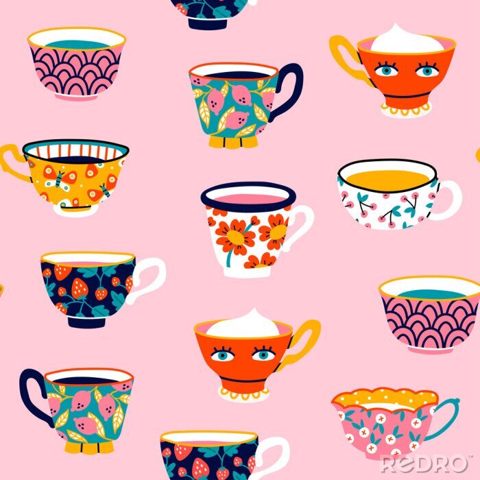 Behang Set of various cups with tea or coffee. Side view. Different ornaments. Flowers, berries, etc Hand drawn colored trendy vector seamless pattern. Cartoon style. Flat design. Pink background