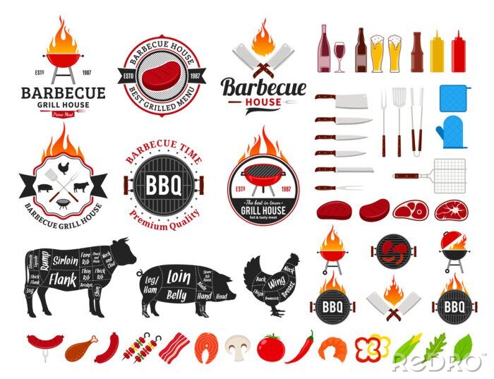 Behang Set of vector barbecue logo, labels and icons