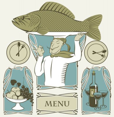 set van kok vis op het hoofd en twee gerechten