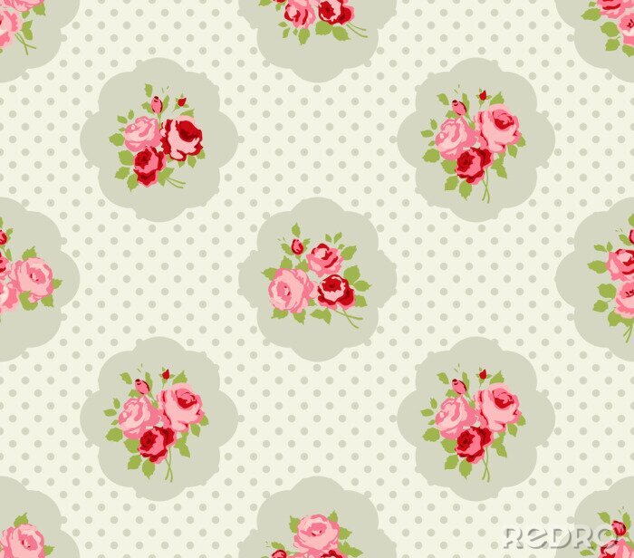 Behang Shabby chic met roze bloemen en grijze stippen