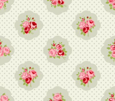 Behang Shabby chic met roze bloemen en grijze stippen