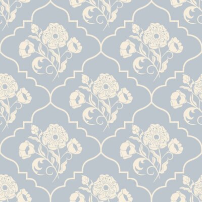 Behang Shabby chic wit en blauw bloemmotief