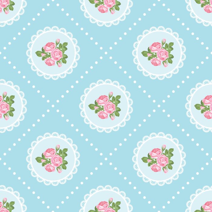 Behang Shabby chique bloemen en kant op een blauwe achtergrond