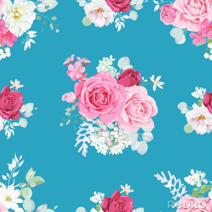 Behang Shabby chique boeketten bloemen op een blauwe achtergrond
