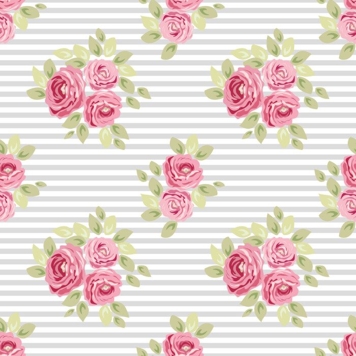 Behang Shabby stijl boeketten rozen op een gestreepte achtergrond