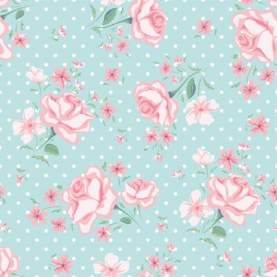 Behang Shabby stijl met roze bloemen op een turquoise achtergrond