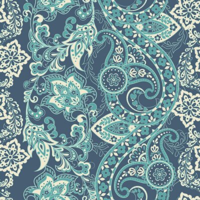 Behang Sierbloemen en bladeren in blauwtinten