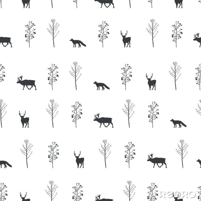 Behang Silhouetten met vosjes reeën en herten op een witte achtergrond