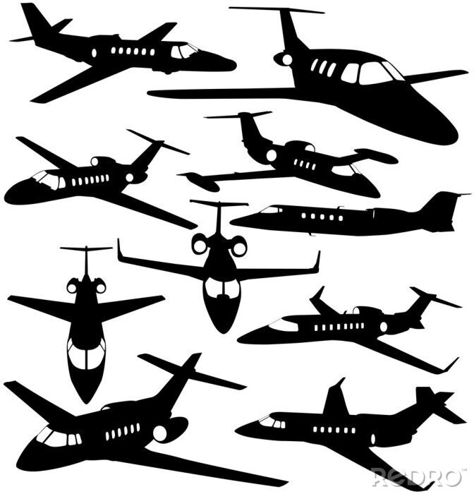 Behang Silhouetten van de prive-jet - contouren van vliegtuigen