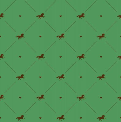 Behang Silhouetten van paarden en harten op een groene achtergrond