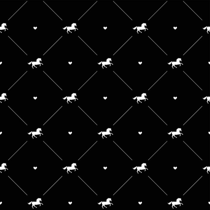 Behang Silhouetten van paarden en harten op een zwarte achtergrond