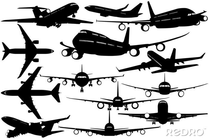 Behang Silhouetten van passagiersvliegtuig - contouren van vliegtuigen