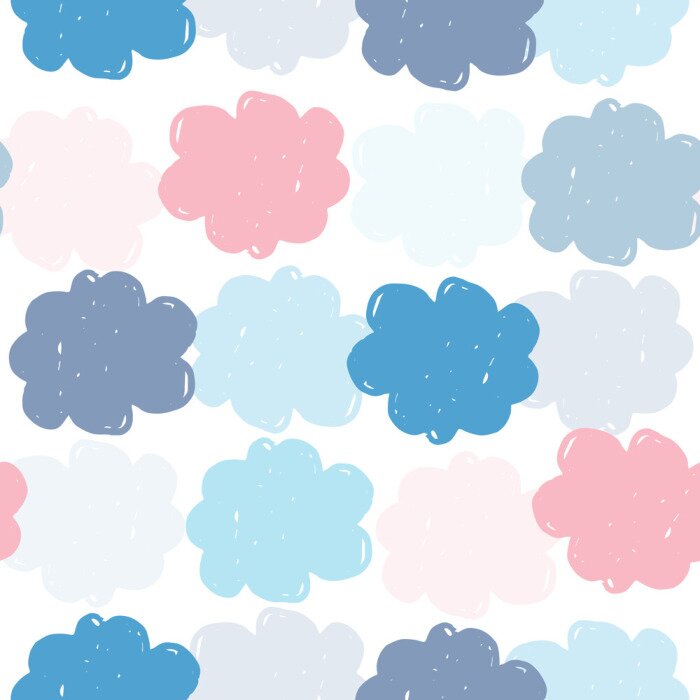 Behang Simple colored clouds seamless pattern. Weather background. Rain backdrop. Texture for wallpaper, background, scrapbook. Vector illustration