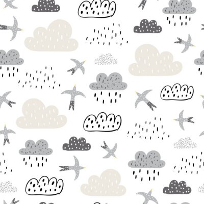 Behang Simple seamless pattern with raining clouds and flying birds. Baby shower clouds, sky seamless pattern texture. - Vector