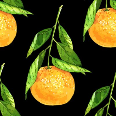 Behang Sinaasappelen met bladeren op een zwarte achtergrond