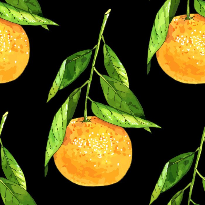 Behang Sinaasappelen met bladeren op een zwarte achtergrond