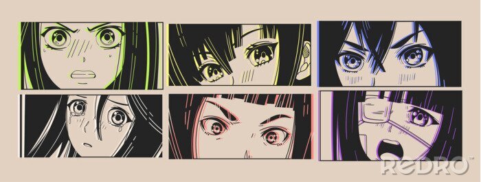 Behang Six pairs of Asian Eyes look. Neon effect. Manga style. Japanese cartoon Comic concept. Anime characters. Hand drawn trendy Vector illustration. Pre-made prints. Every illustration is isolated