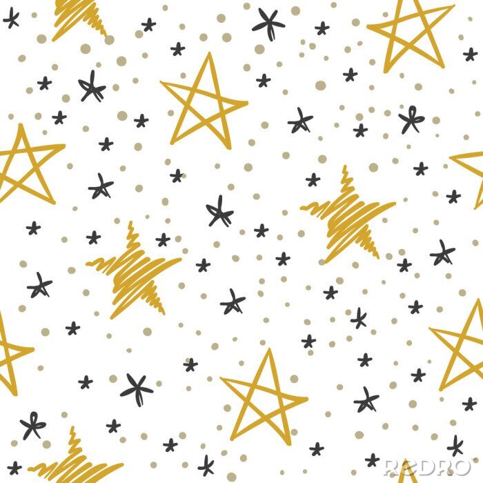 Behang Sketch star seamless pattern. Starry sky with golden and black stars. Christmas and winter holidays vector doodle texture