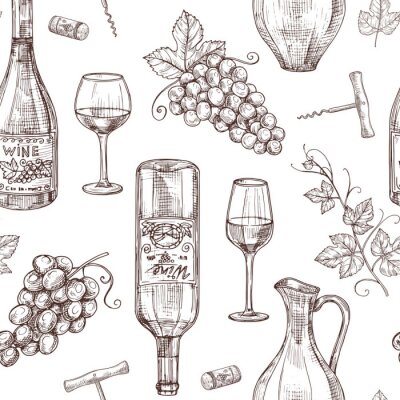 Behang Sketch wine seamless pattern. Wine bottles wineglass corkscrew and grape. Winery, restaurant vector menu texture. Illustration of alcohol drink wine, sketch pattern with bottle