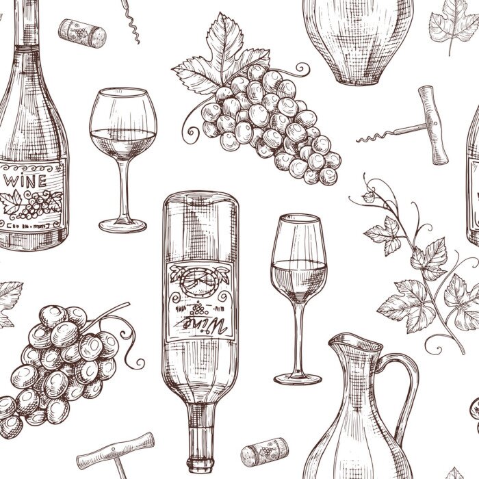Behang Sketch wine seamless pattern. Wine bottles wineglass corkscrew and grape. Winery, restaurant vector menu texture. Illustration of alcohol drink wine, sketch pattern with bottle