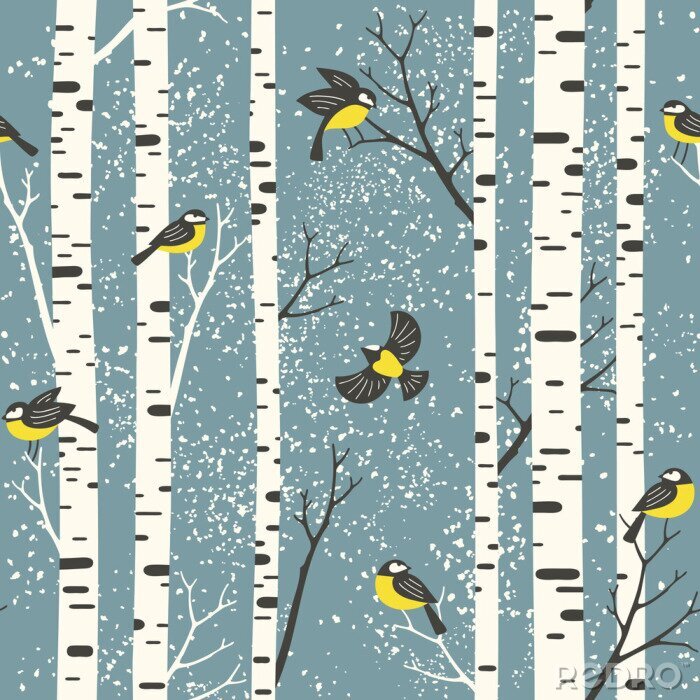 Behang Sneeuwberkbomen en vogels op lichtblauwe achtergrond. Naadloos vectorpatroon. Perfect voor stof, behang, cadeaupapier of postkaartontwerp.