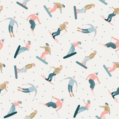 Behang Snowboarders en skiërs rijden in het skigebied. Mensen in de winter houden zich bezig met actieve recreatie. Sneeuw, kerstbomen, berg, skiën in het weekend.