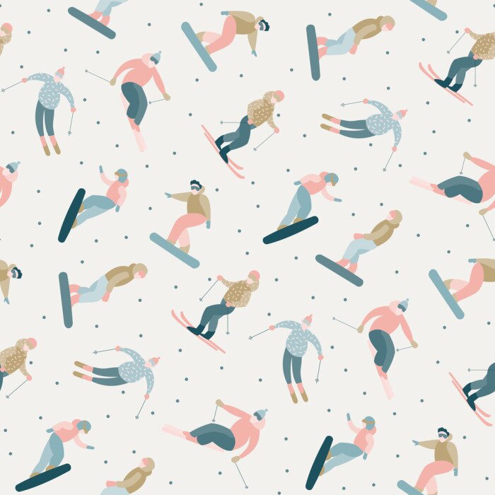 Behang Snowboarders en skiërs rijden in het skigebied. Mensen in de winter houden zich bezig met actieve recreatie. Sneeuw, kerstbomen, berg, skiën in het weekend.