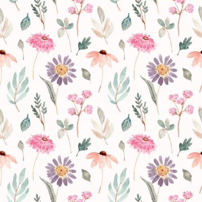 Behang soft pink purple floral watercolor seamless pattern