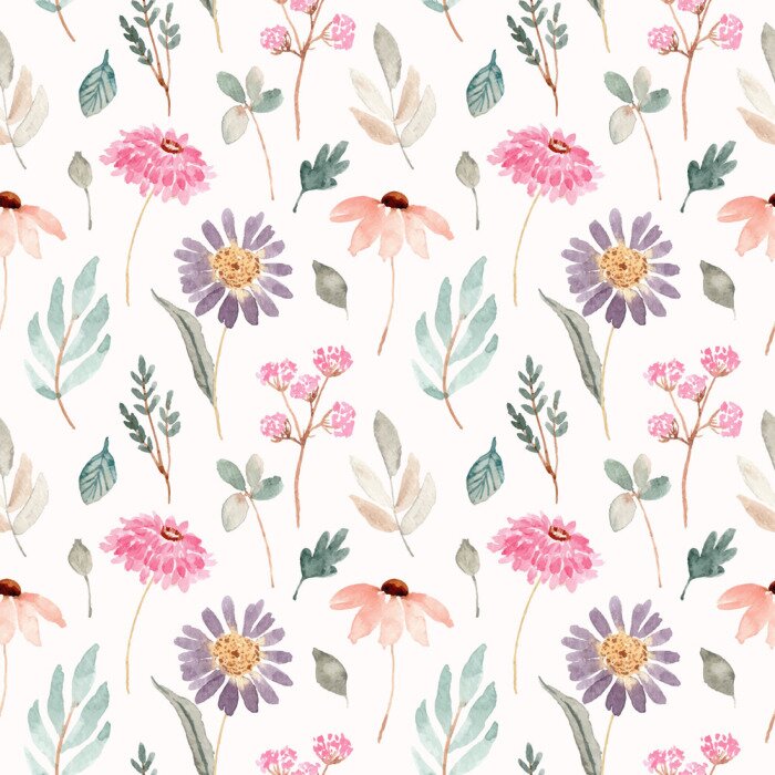 Behang soft pink purple floral watercolor seamless pattern