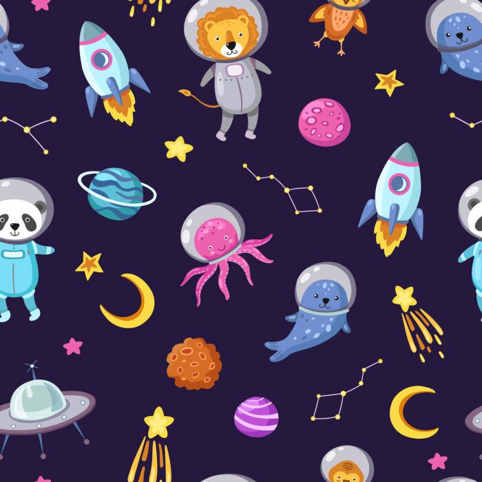 Behang Space animals pattern. Cute baby animal astronauts flying kid pets cosmonauts funny spaceman boy seamless cosmos vector wallpaper. Illustration of astronaut spaceship, octopus and panda in space suit