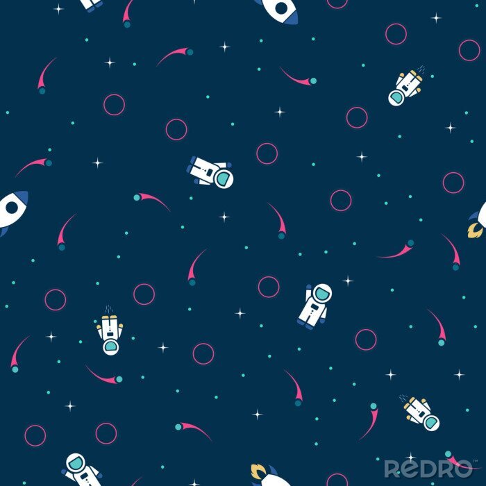 Behang Space exploration seamless pattern vector background. Cute hipster retro style design template with Astronaut, Rocket and Stars
