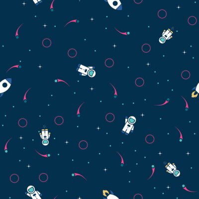 Behang Space exploration seamless pattern vector background. Cute hipster retro style design template with Astronaut, Rocket and Stars