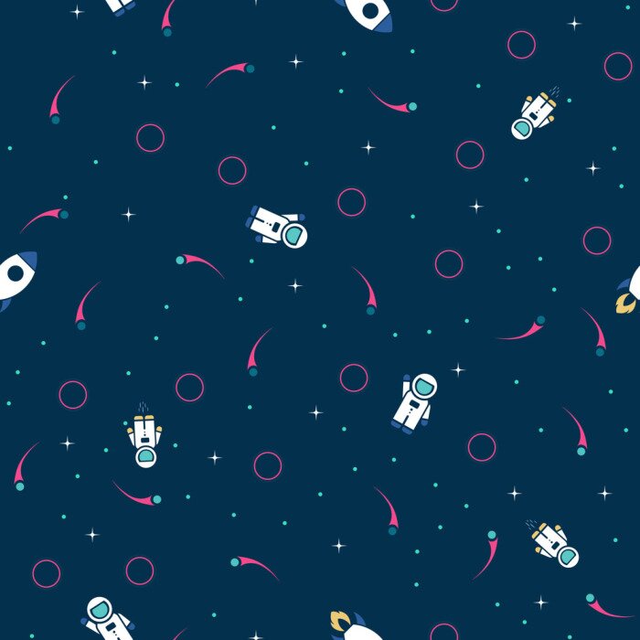 Behang Space exploration seamless pattern vector background. Cute hipster retro style design template with Astronaut, Rocket and Stars