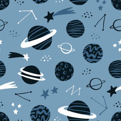 Behang Space hand drawn seamless pattern with planets, stars, comets,  constellations. Scandinavian design style. Space background for textile, fabric etc. Vector illustration