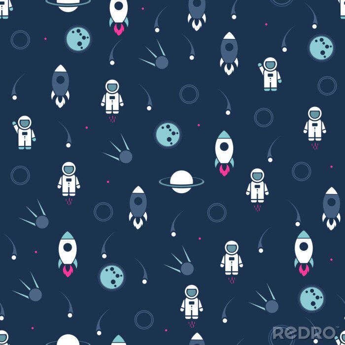 Behang Space seamless pattern vector background. Cute design template with Astronaut, Rocket, Moon and Stars