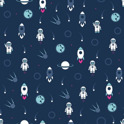 Behang Space seamless pattern vector background. Cute design template with Astronaut, Rocket, Moon and Stars
