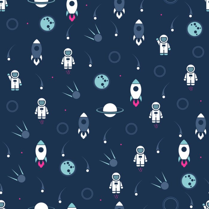 Behang Space seamless pattern vector background. Cute design template with Astronaut, Rocket, Moon and Stars