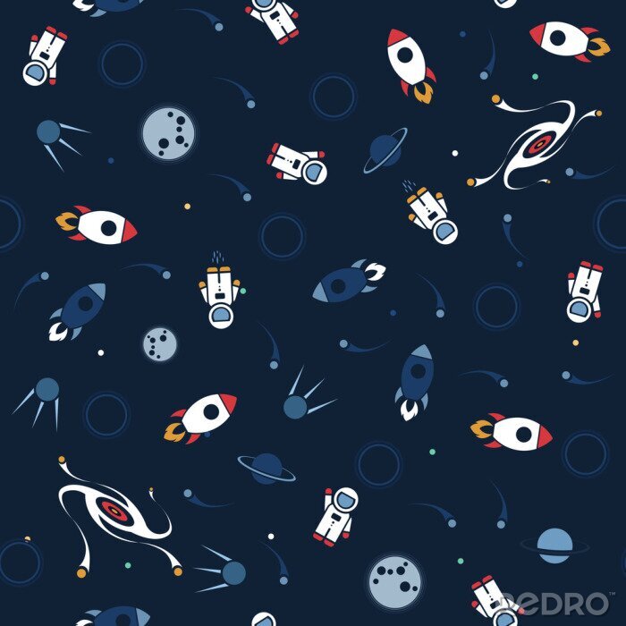 Behang Space seamless pattern vector background. Cute design template with Astronaut, Spaceship, Rocket, Moon, Black Hole and Stars