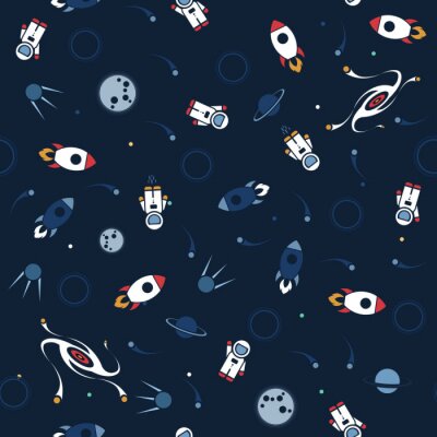 Behang Space seamless pattern vector background. Cute design template with Astronaut, Spaceship, Rocket, Moon, Black Hole and Stars