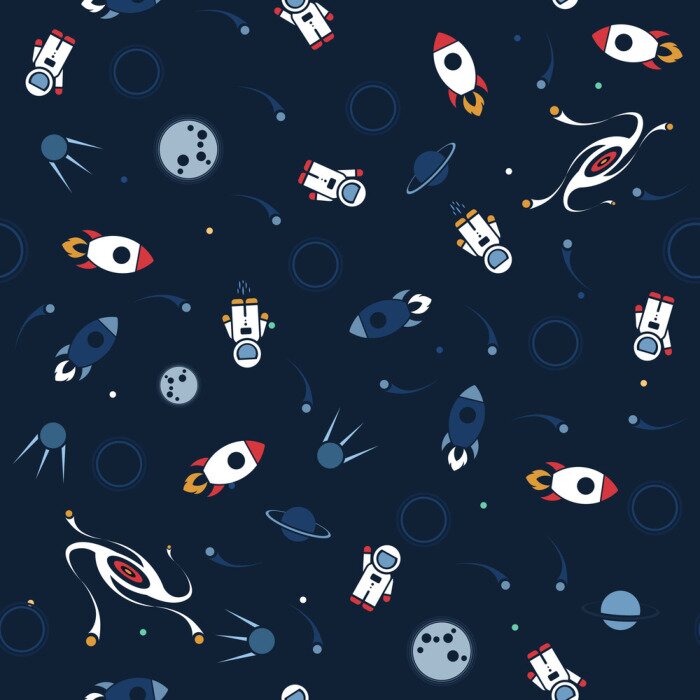 Behang Space seamless pattern vector background. Cute design template with Astronaut, Spaceship, Rocket, Moon, Black Hole and Stars
