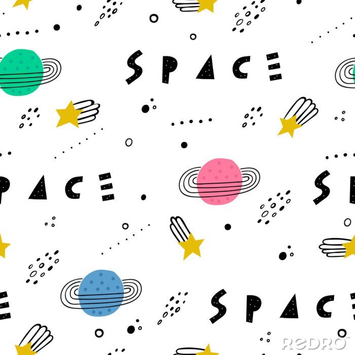 Behang Space seamless pattern. Vector illustration for children. Trendy kids vector background.