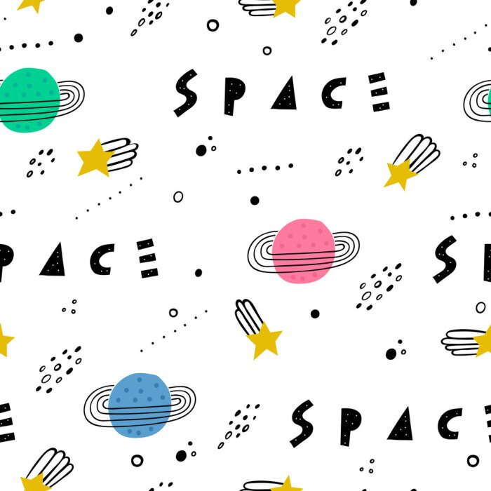 Behang Space seamless pattern. Vector illustration for children. Trendy kids vector background.