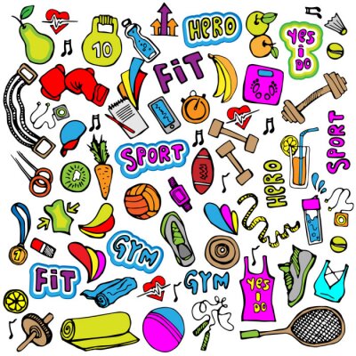 Behang Sport hand teken icoon en elementen. Fitness en sport gekleurde pictogram collectie, cartoon doodle sport iconen.