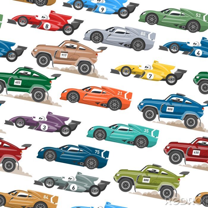 Behang Sport snelheid auto en offroad verzameling auto kleurrijke snelle motor racing auto bestuurder vervoer motorsport vector illustratie naadloze patroon achtergrond