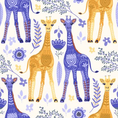 Behang Sprookjesachtige giraffen tussen bloemen en bladeren