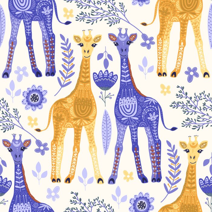 Behang Sprookjesachtige giraffen tussen bloemen en bladeren