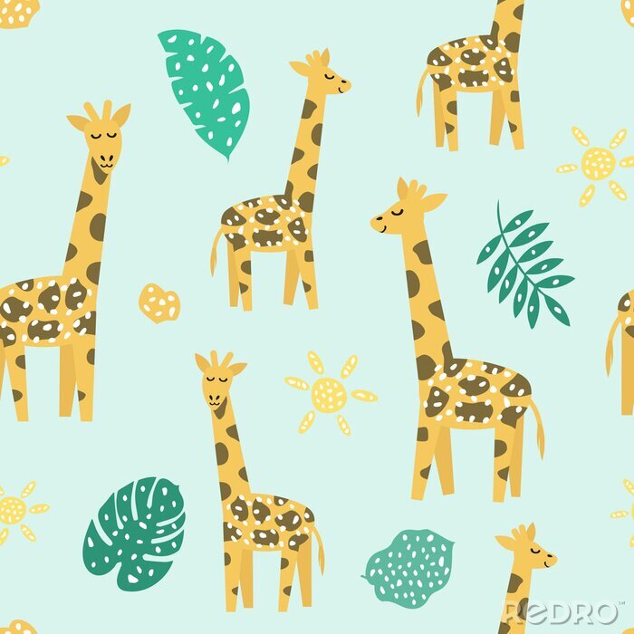 Behang Sprookjesachtige giraffen tussen groene bladeren