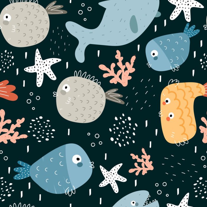 Behang Sprookjesachtige vissen en haaien